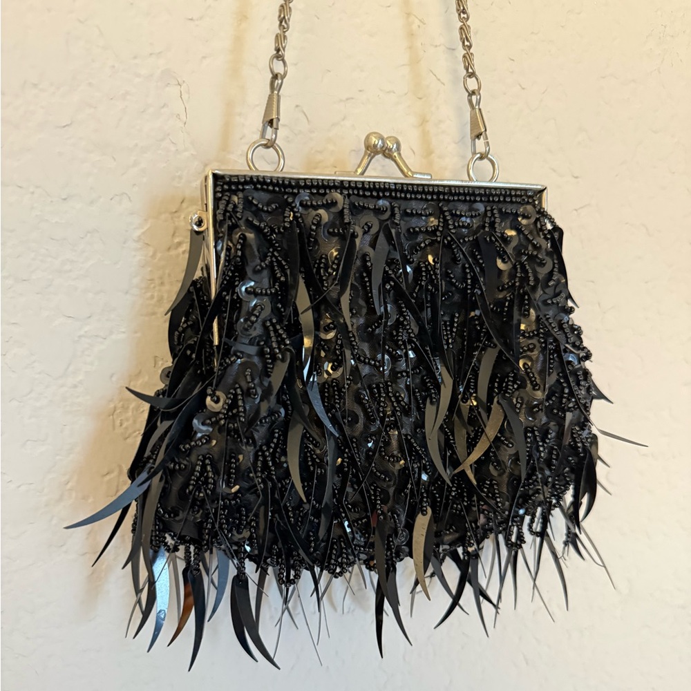 Vintage Black Beaded Evening Bag with Silver Hardware - Picture 2 of 5